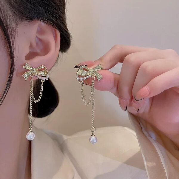 Golden Bow Pearl Earrings - Image 2