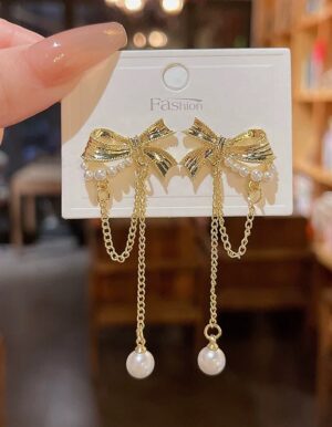 Golden Bow Pearl Earrings