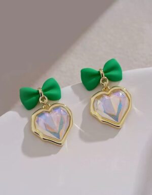 Green Bow Shimmer Heart Earrings