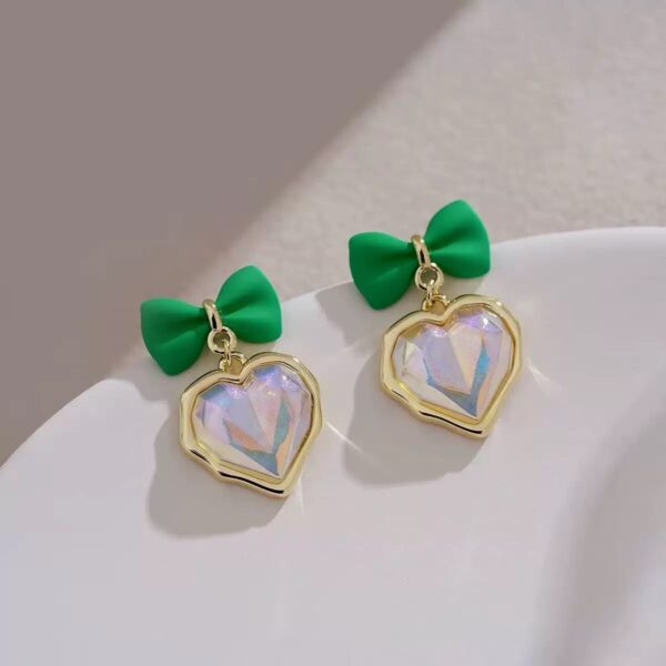 Green Bow Shimmer Heart Earrings