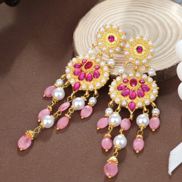 Bohemia Pink Stone Pearl Long Earrings - Image 3