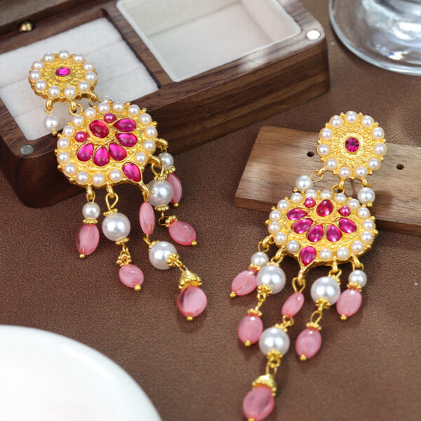Bohemia Pink Stone Pearl Long Earrings - Image 4
