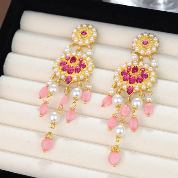 Bohemia Pink Stone Pearl Long Earrings - Image 2
