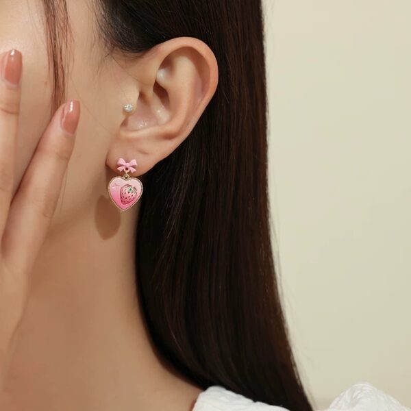 Strawberry Bow Heart Earrings - Image 2