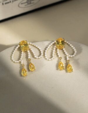 Yellow Pearl Ribbon Earrings