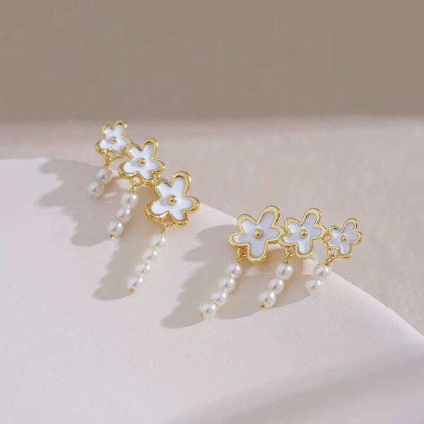 White Flower Pearl Earrings - Image 2