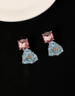 Pink Stone Blue Flower Earrings