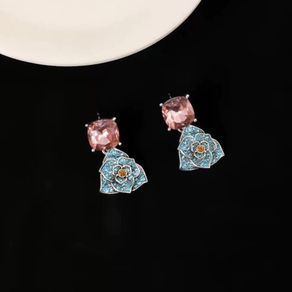 Pink Stone Blue Flower Earrings