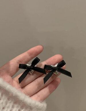 Silver Heart Black Ribbon Earrings