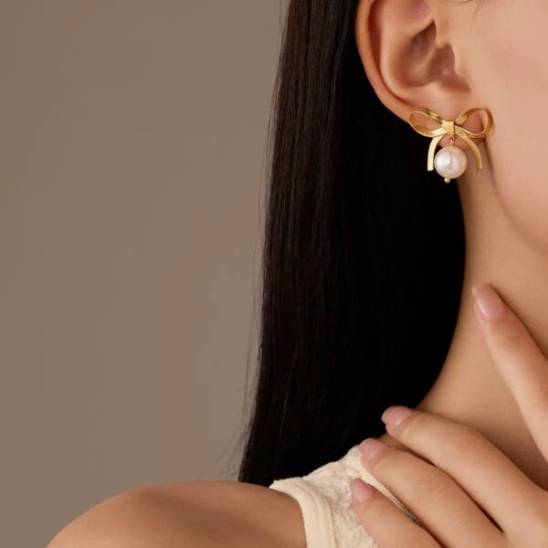 Stainless Steel Bow Pearl Earrings
