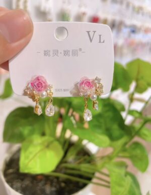 Gold Plated Pink Flower Earrings