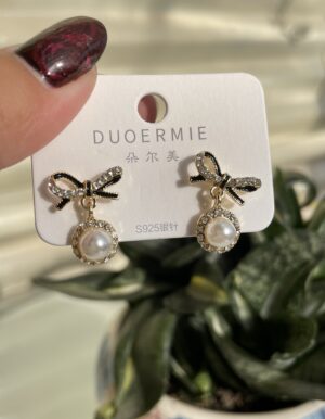 Full Stone Bow Pearl Earrings