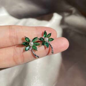 Green Rhinestone Flower Earrings