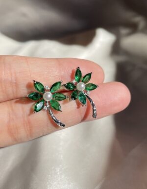 Green Rhinestone Flower Earrings