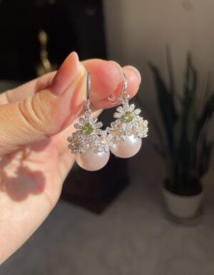 Full Stone Flower Pink Pearl Earrings