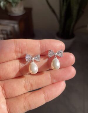 Stone Bow Pearl Drop Earrings