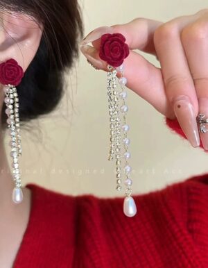 Red Rose Hanging Earrings