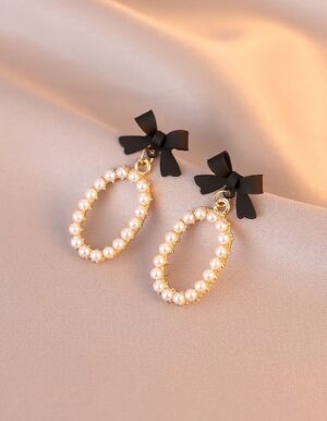 Black Bow Pearl Earrings