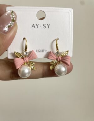 Pink Ribbon Pearl Earrings
