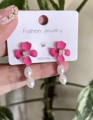 Pink Flower Pearl Earrings