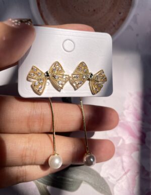 Rhinestone Bow Pearl Earrings